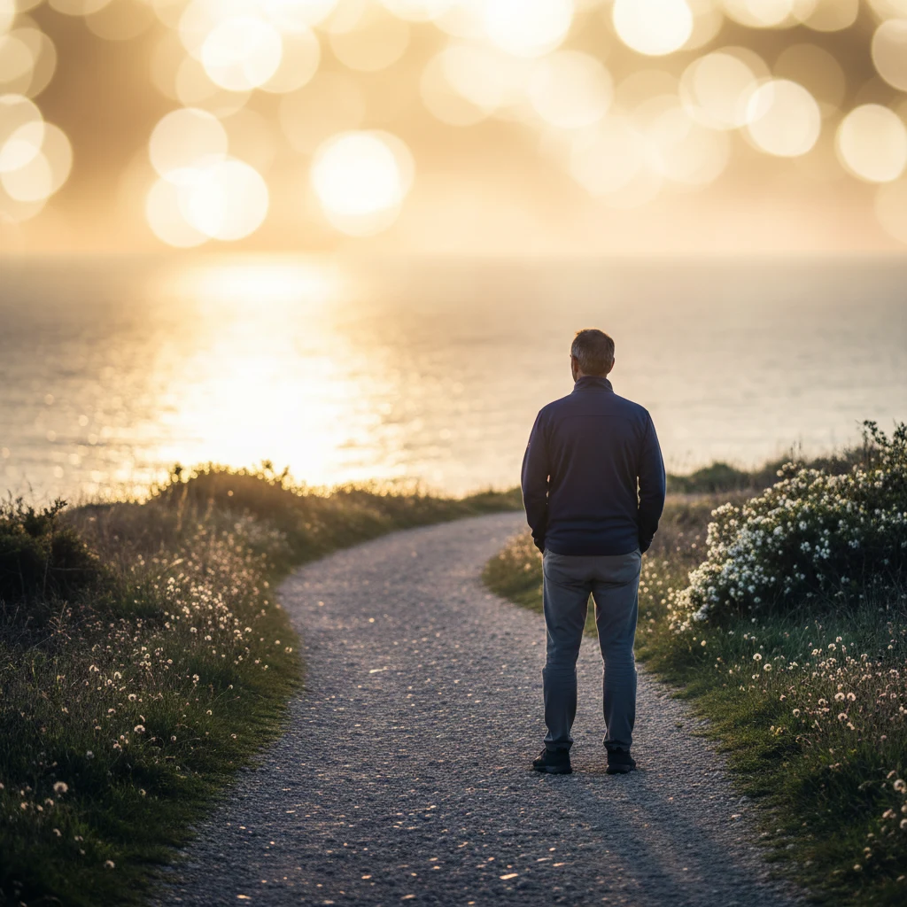 Anonymous man walking a coastal path at golden hour - men's health food supplement over 40 lifestyle