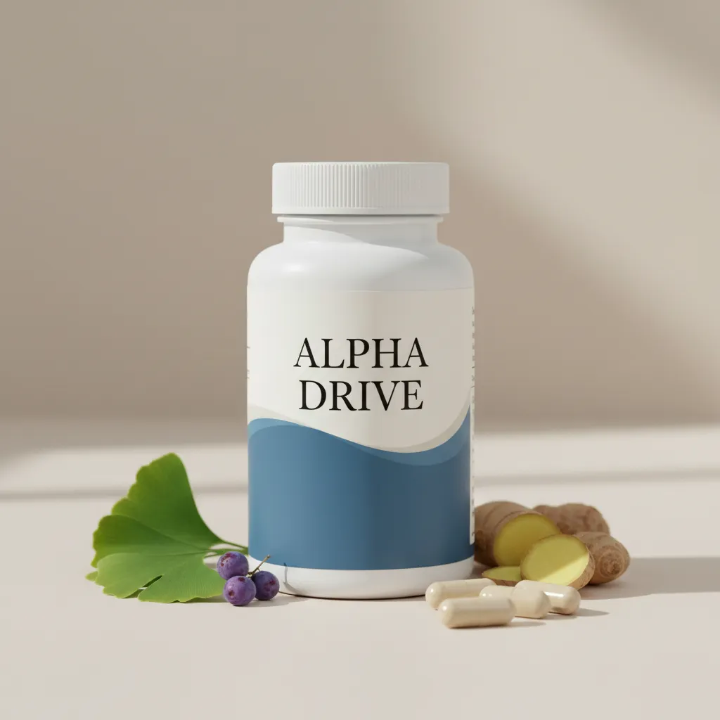 Alpha Drive men's botanical supplement bottle, dark navy with gold lettering